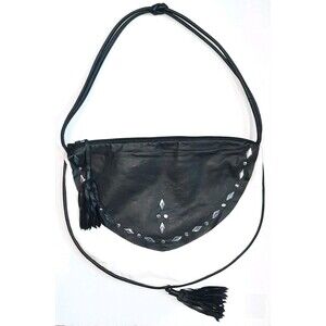 VTG Robert Bestien Black White Studded Leather Crescent Crossbody Tassel Bag